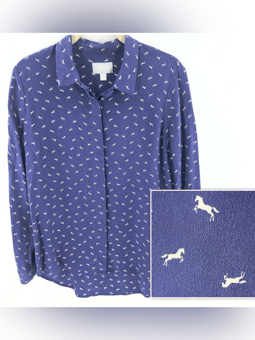 Pure Collection Silk Horse Print Button Up Blouse Top Size 4 Long Sleeve Blue